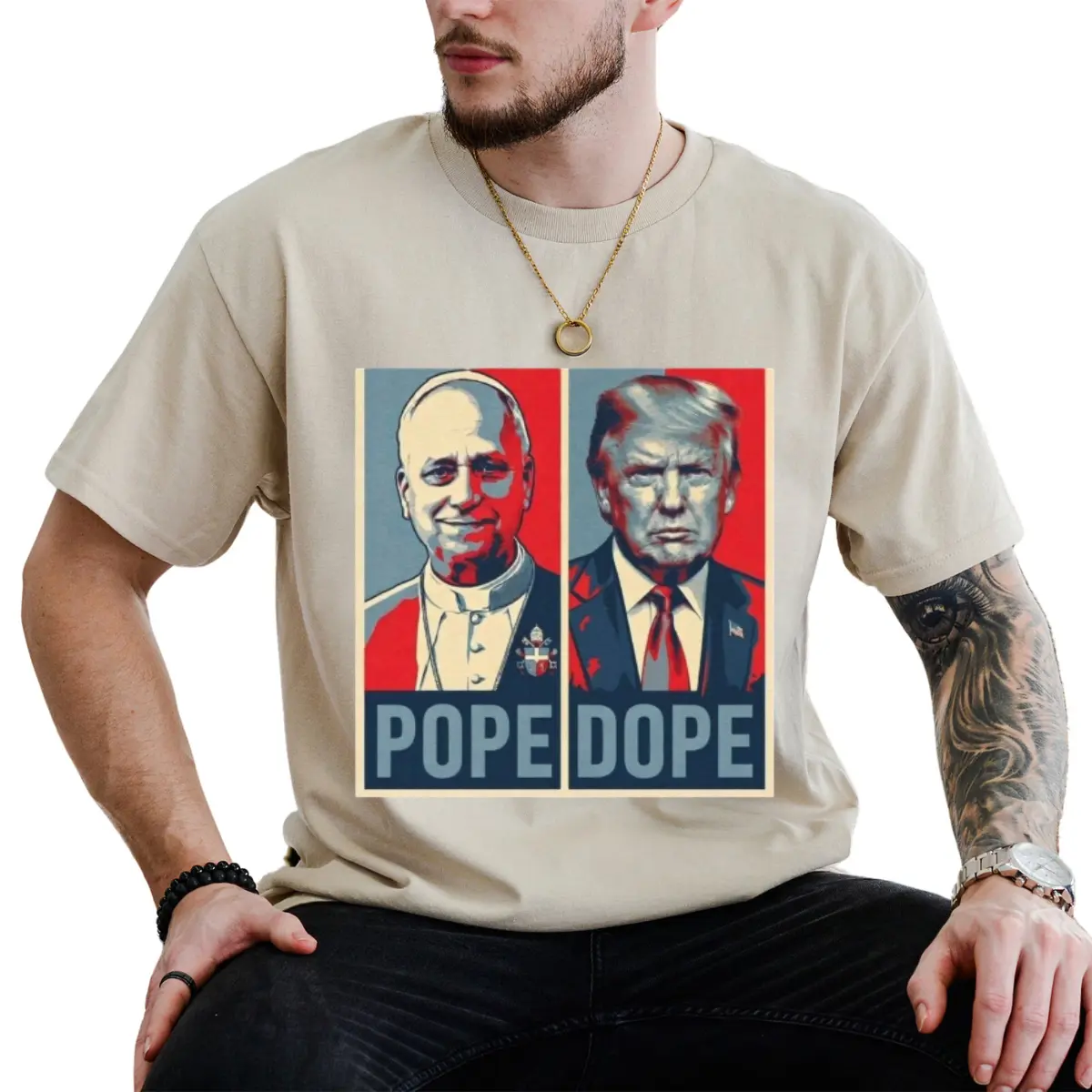The Pope VS. The Dope Lightweight Cotton T-Shirt, Anti-Trump Anti-MAGA Statement Graphic Tee, Funny Trump Shirt, Patriot Tee, Unisex T-Shirt Short Sleeve Printed Graphic Shirt, Daily Casual Cotton Menswear Classic Fabric Top Embroidered