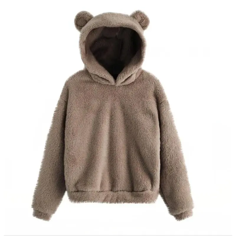 Women's Cute Plain Long-Sleeves Bear Eared Hoodie Top - Soft Warm Fabric, Comfortable 1-Piece Home Wear Sweatshirt