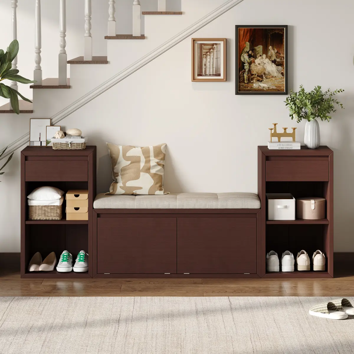 [Bellemave] All-in-One Entryway Storage Bench with Cushion, Compartments, Drawers & Open Shelves, Storage Bench for Hallway, Mudroom, Living Room