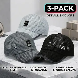 Men's 3-Pack Mesh Baseball Hat - Ultra Breathable Quick-Drying Cool Black Flat Bill Cap, Lightweight Adjustable Quick Drying Hat for Running, Outdoor Sports