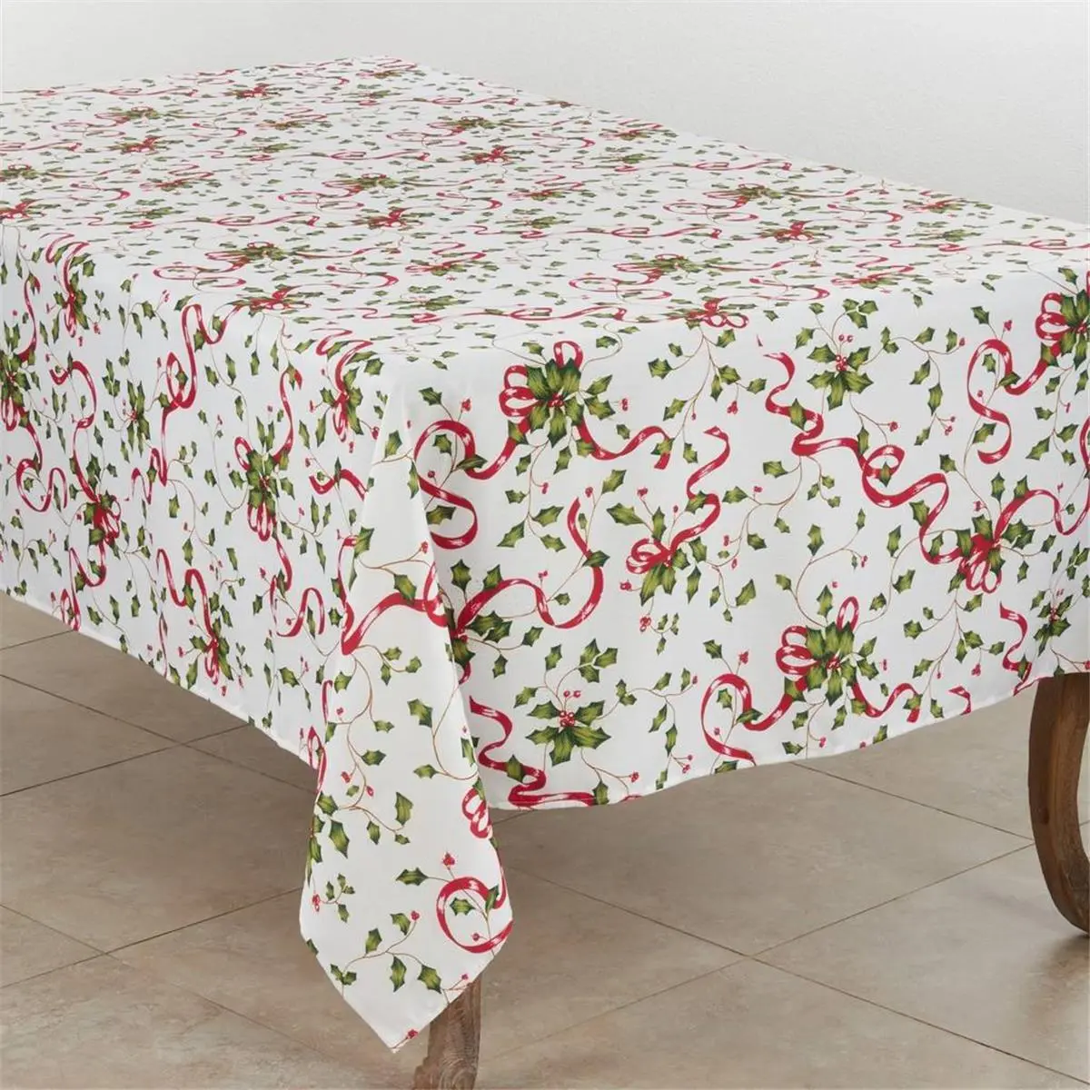 Saro Lifestyle 3175.M60120B Traditional Festive 60x120 in Christmas Tablecloth, Multi-Color Fabric Cloth with Holly & Ribbon Print for Holiday Tables, 60 X 120 In, Christmas Day