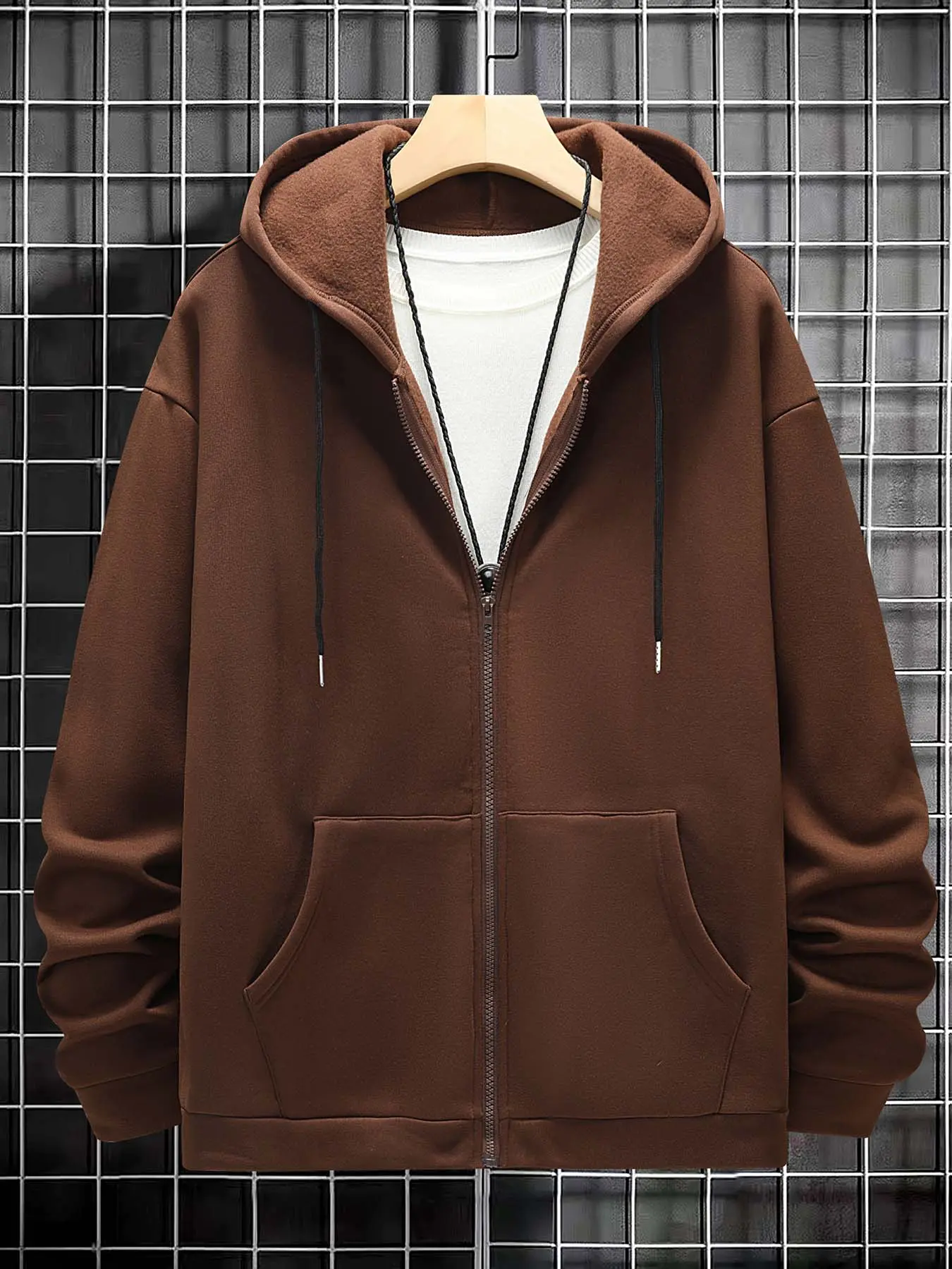 Men's Cross Print Pocket Drawstring Zip Up Knit Hoodie Sweatshirts, Drop Shoulder Zipper, Coffee Brown, Regular Fit Casual Drop Shoulder Long Sleeve Hooded Outerwear, Men's Fall & Winter Clothes, Menswear