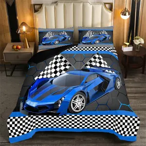 Race Car Designer Comforter Set,Black White Checkered Flag Print Comforter,Extreme Sports Luxury Bedding Set,Honeycomb Blue Duvet Set
