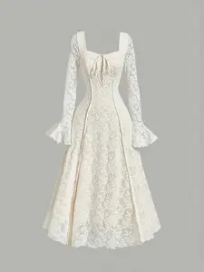 Elegant Women's Fitted Long Sleeve Dress Womenswear, Evening Party Gown, Holiday Formal Wear, Back-To-School, Wedding Guest Attire, Tea Party Dress Ll168