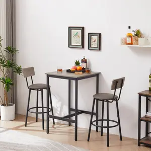 Bar Table Set with 2 Bar Stools PU Soft Seat Backrest Grey 23.62 W x 23.62 D x 35.43 H Space Saving Rustic Brown Particleboard Black Iron Frame