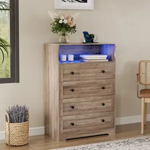 Garvee 4 Drawer Dresser with Charging Station, Modern LED Dressers Chest of Drawers with Open Shelf, Tall Wood Storage Dresser for Nursery, Hallway, Living Room, Closet, Entryway, Gray