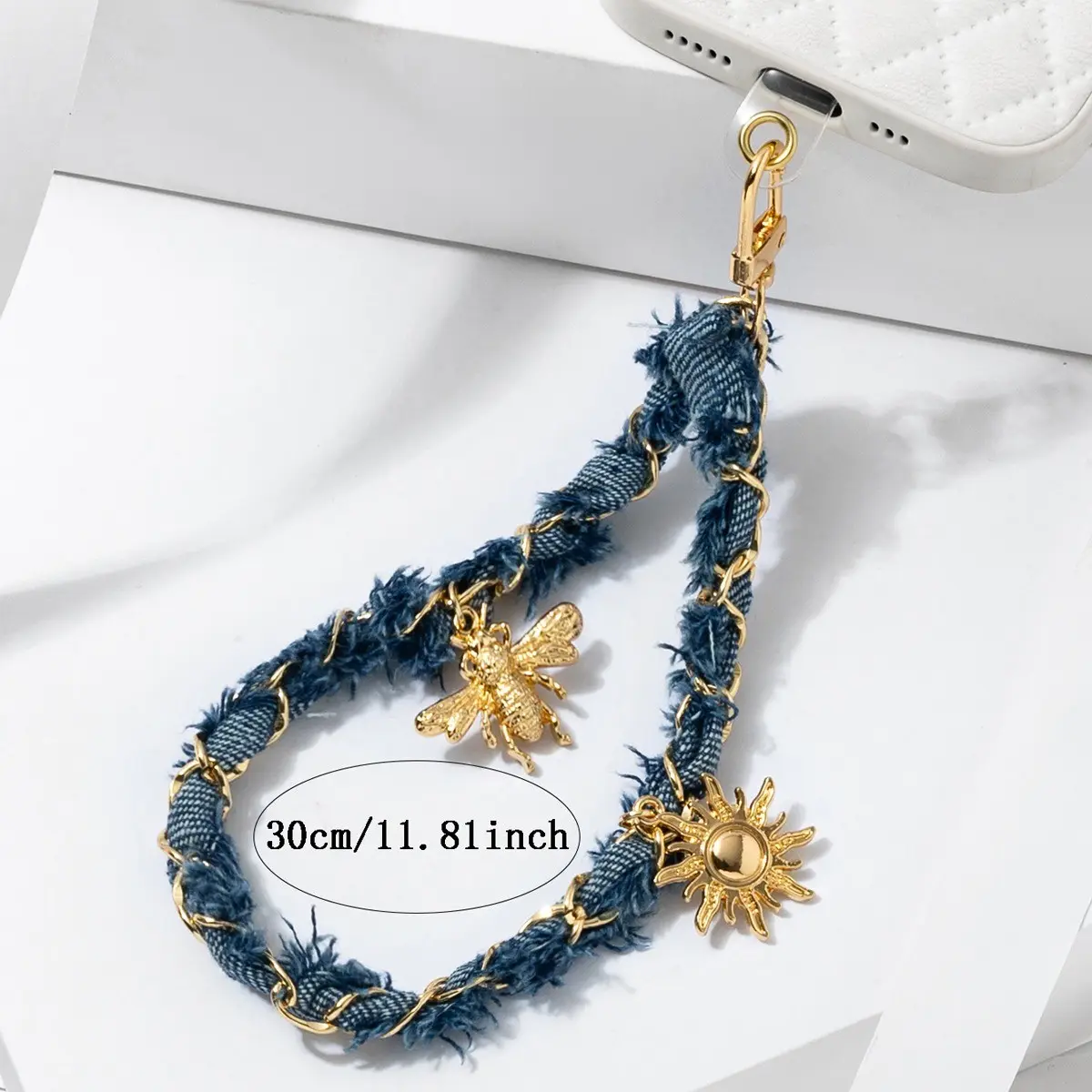 Fashion Phone Wrist Strap Chain - Leopard Print, Denim Charm Lanyard, Detachable Anti-Drop Hand Strap for iPhone, Android