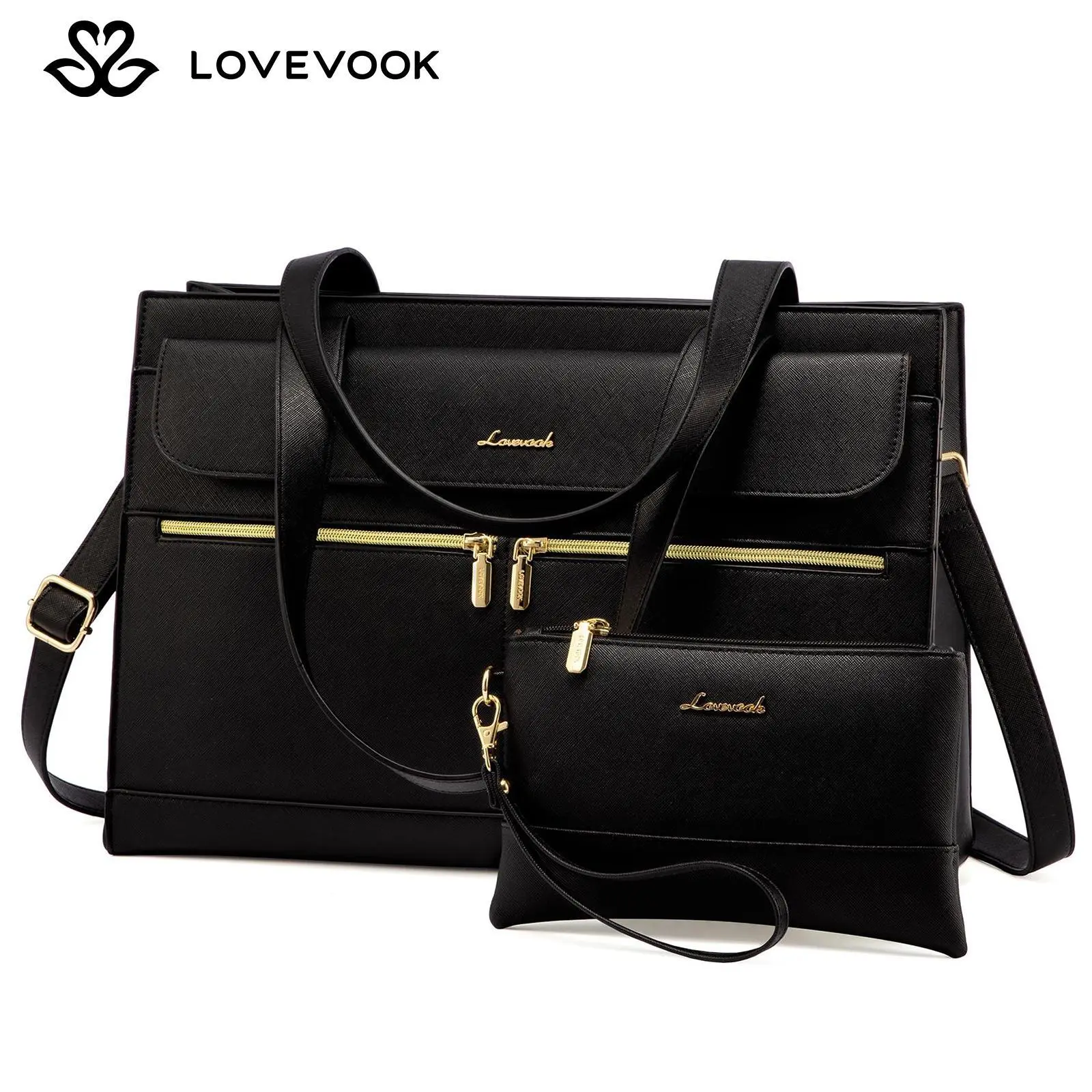 LOVEVOOK July Limited-Time Promotional Discounts 15.6" Laptop Tote Bag for Women - Waterproof Vegan Leather Business Work Bag with Clutch & 2 Cup Holders  Suitable for the workplace, office, and casual wear