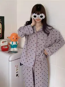 Casual Heart Print Pajama Set, Soft V Neck Long Sleeve Top, Comfortable Elastic Waist Pants, Spring Summer Home Sleepwear