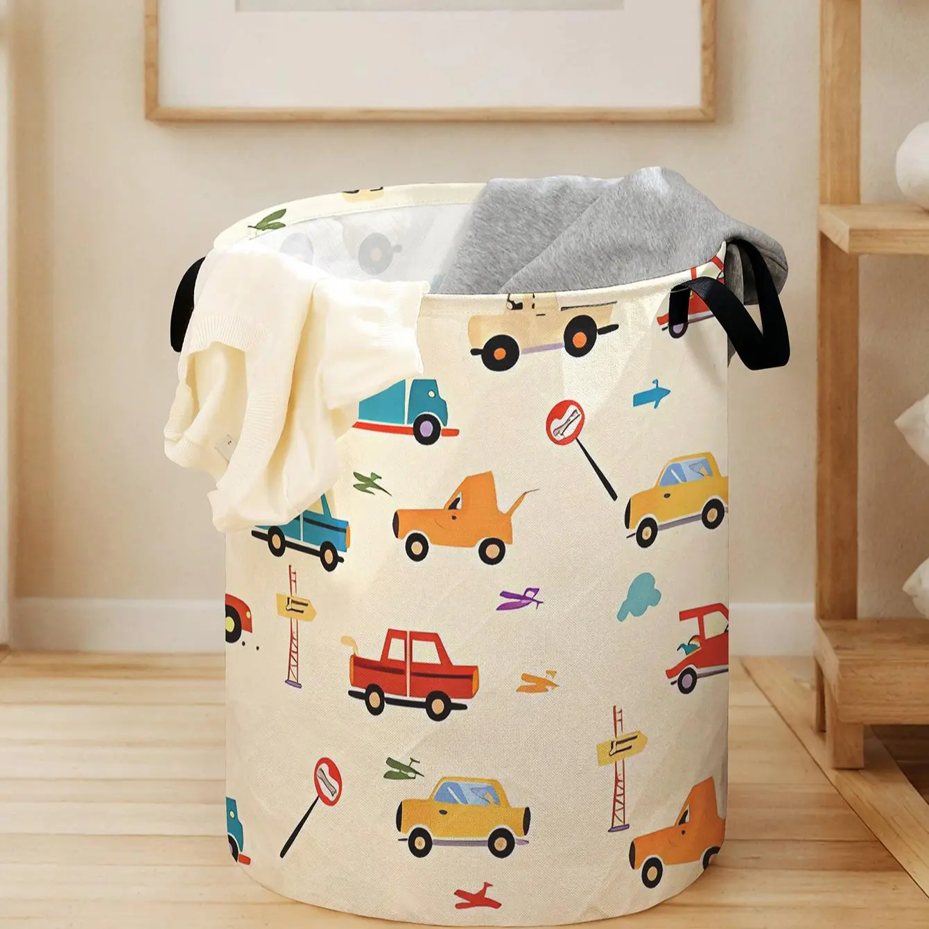Cartoon Car Printed Laundry Basket Organizer with Handles, Durable Folding Hamper, Large Capacity for Clothes and Toy Storage, Foldable Laundry Basket