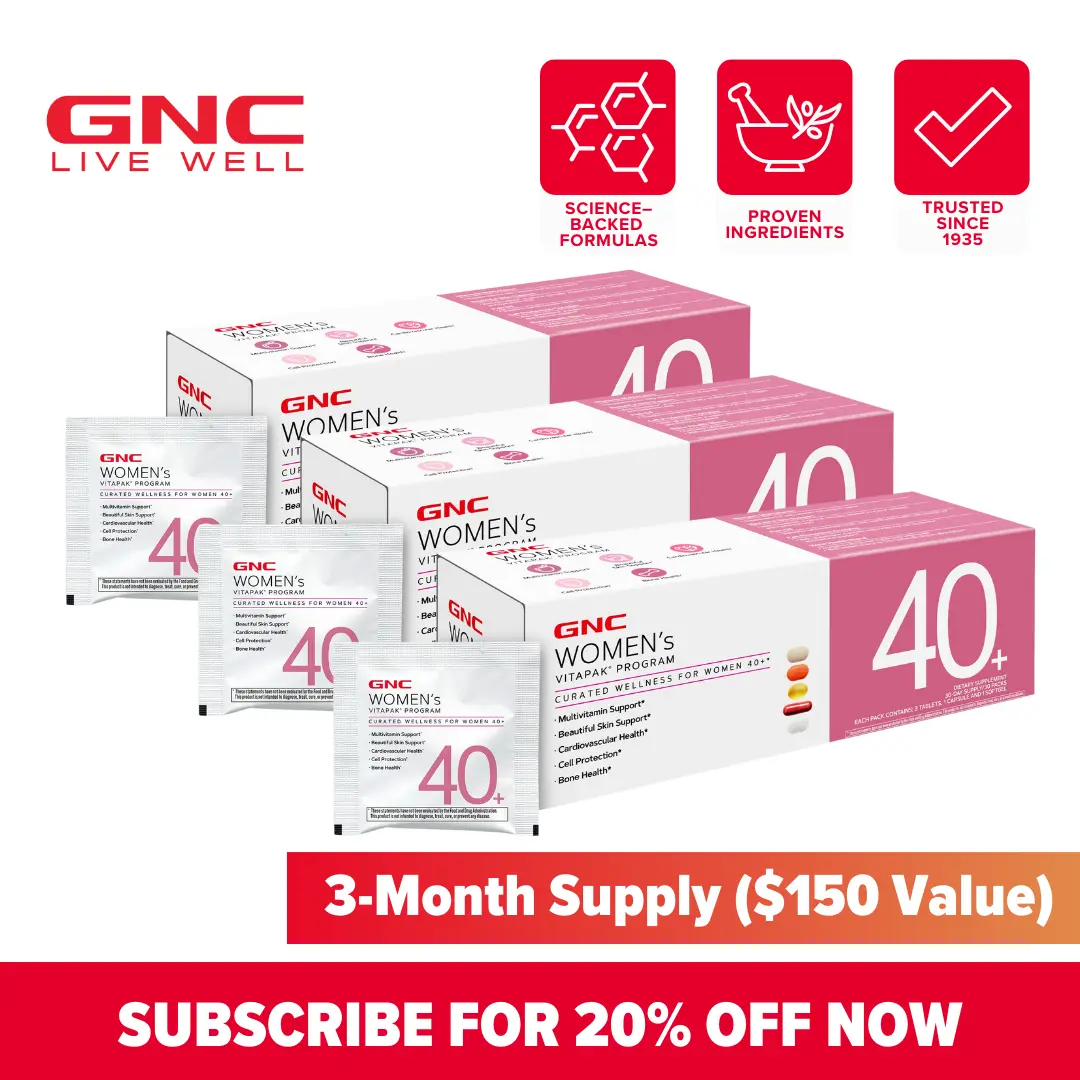 GNC 3-Pack Bundle: Women's 40+ Vitapak, Stress Support, Beautiful Skin, Bone Health & Omega-3s, Dietary Supplement, Natural Ingredient