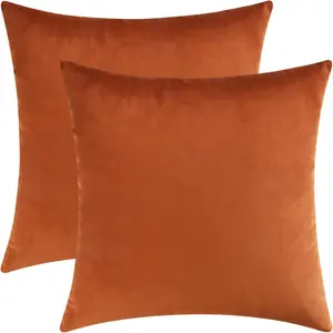 Set of 2 Cozy Velvet Square Decorative Throw Pillow Covers for Couch and Bed, Burnt Orange, 18 x 18 Inches