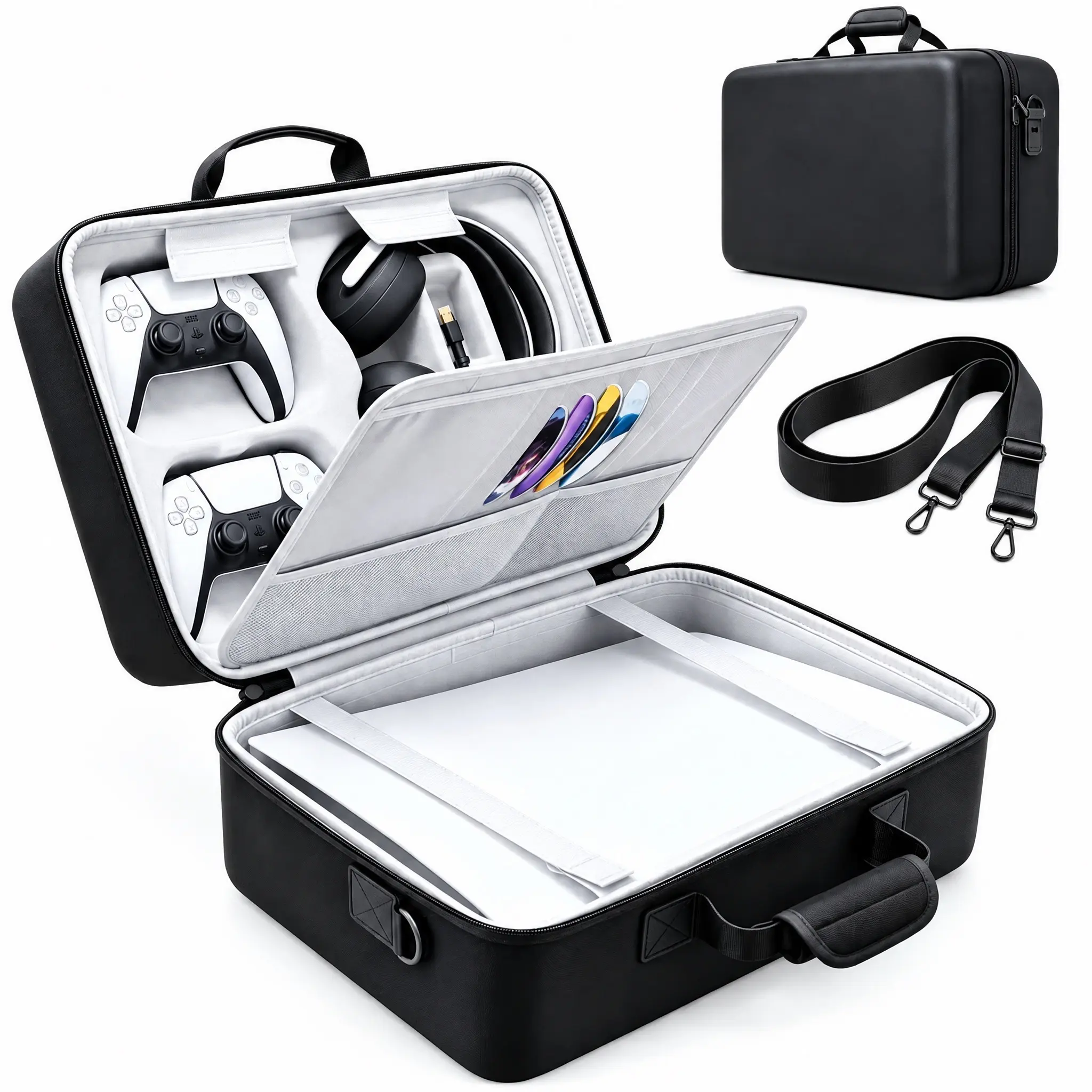 PS5 Gaming Console Portable Carry Case - Compact EVA Shell Home/Travel Luggage Organizer with 2 Controller Slots for Console & Accessories