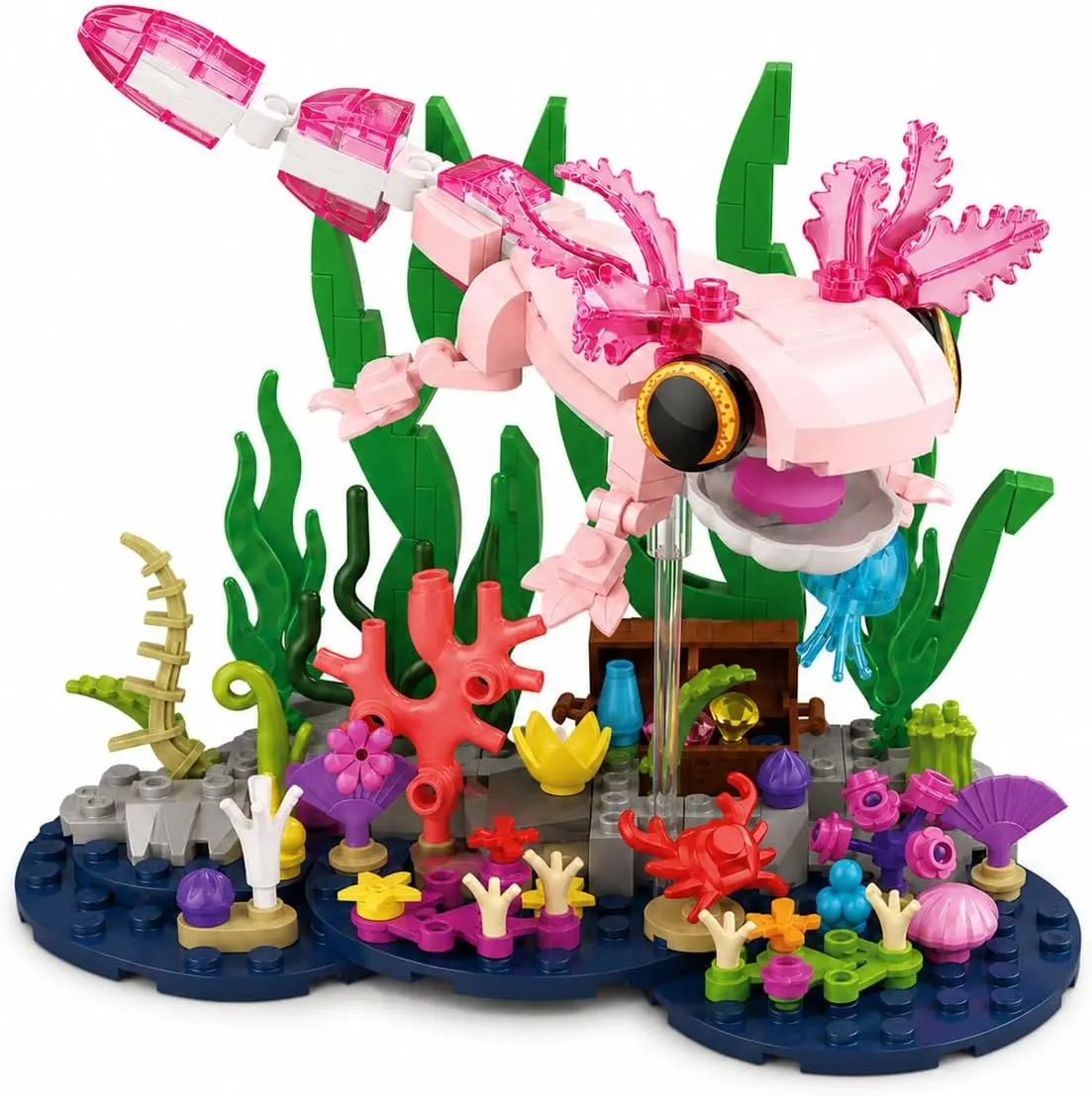 Cute Pink Axolotl Construction Toy, Underwater Building Set with Movable Figure, Hidden Treasure Chest, Coral Scene, Birthday Christmas Gift Idea