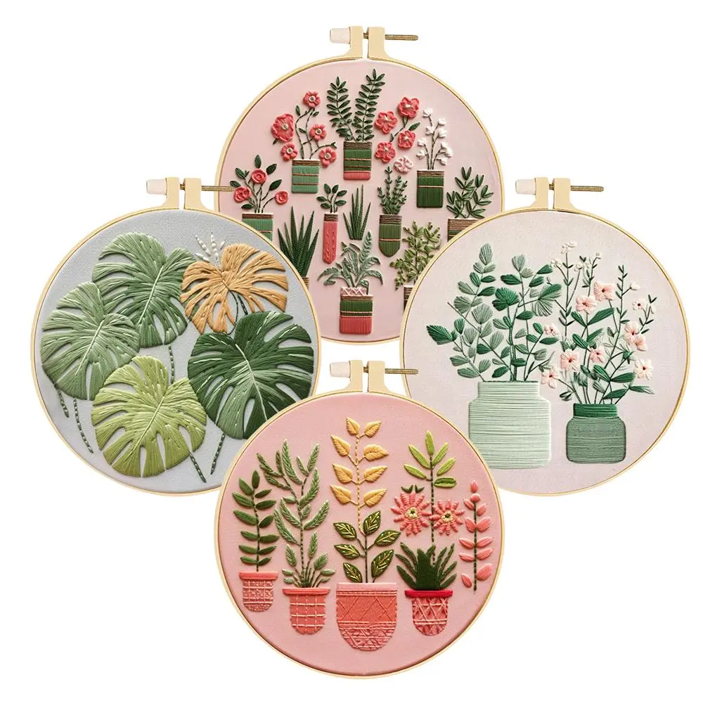Plant Pattern Embroidery Kit with Hoop, 4 Counts/set Diy Kits DIY Embroidery Set, Handmade Unfinished Products, Needlework Craft for Beginners, Embroidery Design, Handcraft