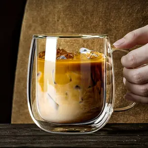 2pcs Double Wall Glass Coffee Mugs - 12.5oz Insulated Clear Coffee Mugs Drinkware Perfect for Espresso, Cappuccino, Latte, Americano, Tea Bag, Beverageteacup-Transparent tape handle Iced Coffee Cup