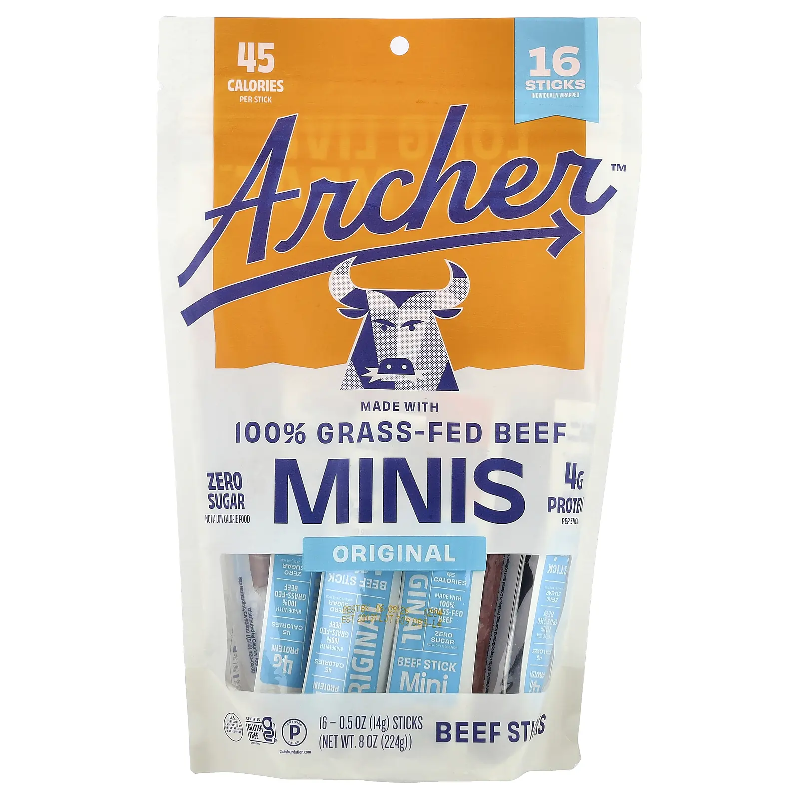 Country Archer Jerky Grass-Fed Beef Sticks Minis, Original , 16 Sticks, 0.5 oz (14 g) Each