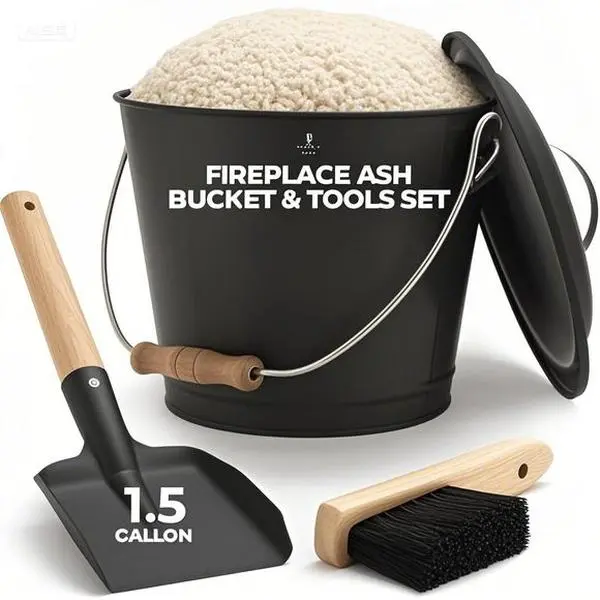 1.5 Gallon Galvanized Iron Ash Bucket with Lid - Fireplace Tools Included - Metal Coal Bucket for Fireplace Ash - Durable Pail with Shovel and Broom - Reusable Ash Can for Indoor Outdoor Use Set Accessory Decor Steel Wood Wooden