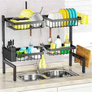 2 Tier 4 Baskets, Over The Sink Dish Drying Rack - 24.8"-35.4" Size, Large Storage Organizer for Cooking Utensils, Modern Design - Organization