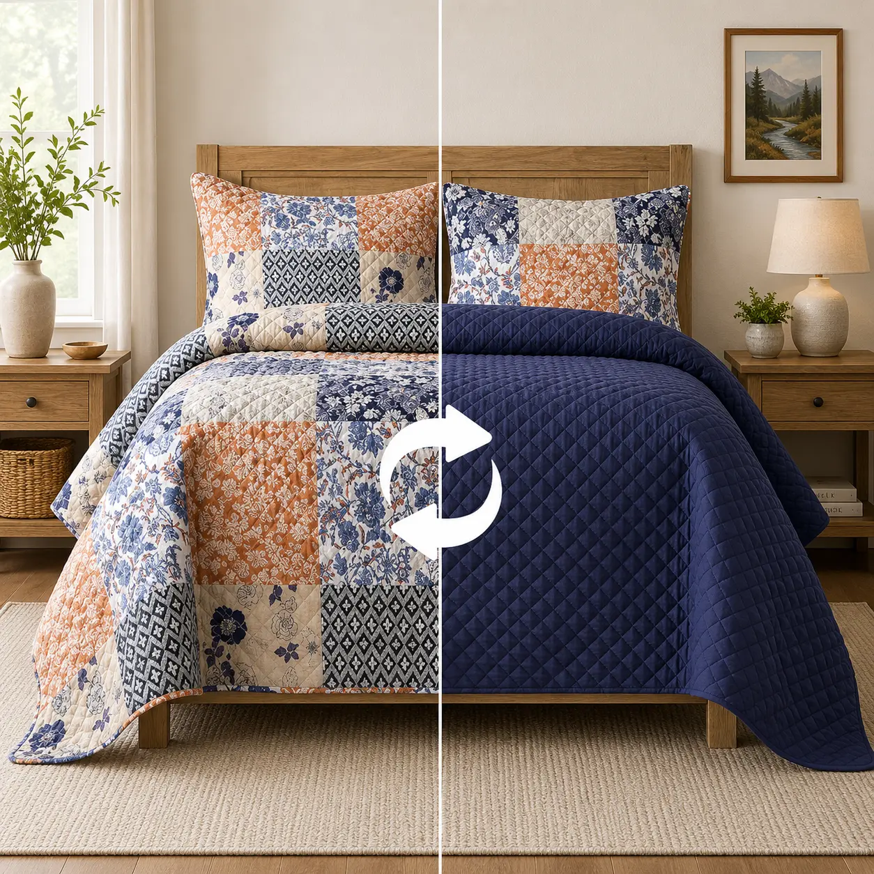 Mocassi 3-Piece Reversible Quilted Bedspread Coverlet Set with Patch Plaid Pattern, Hotel Premier Finish
