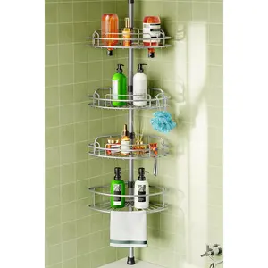 Corner Shower Caddy Tension Pole: 4-Tier Adjustable Bathroom Organizer Shelves - 47-121 Inch Quick Installation - Storage for Renters Family - Silver Gray