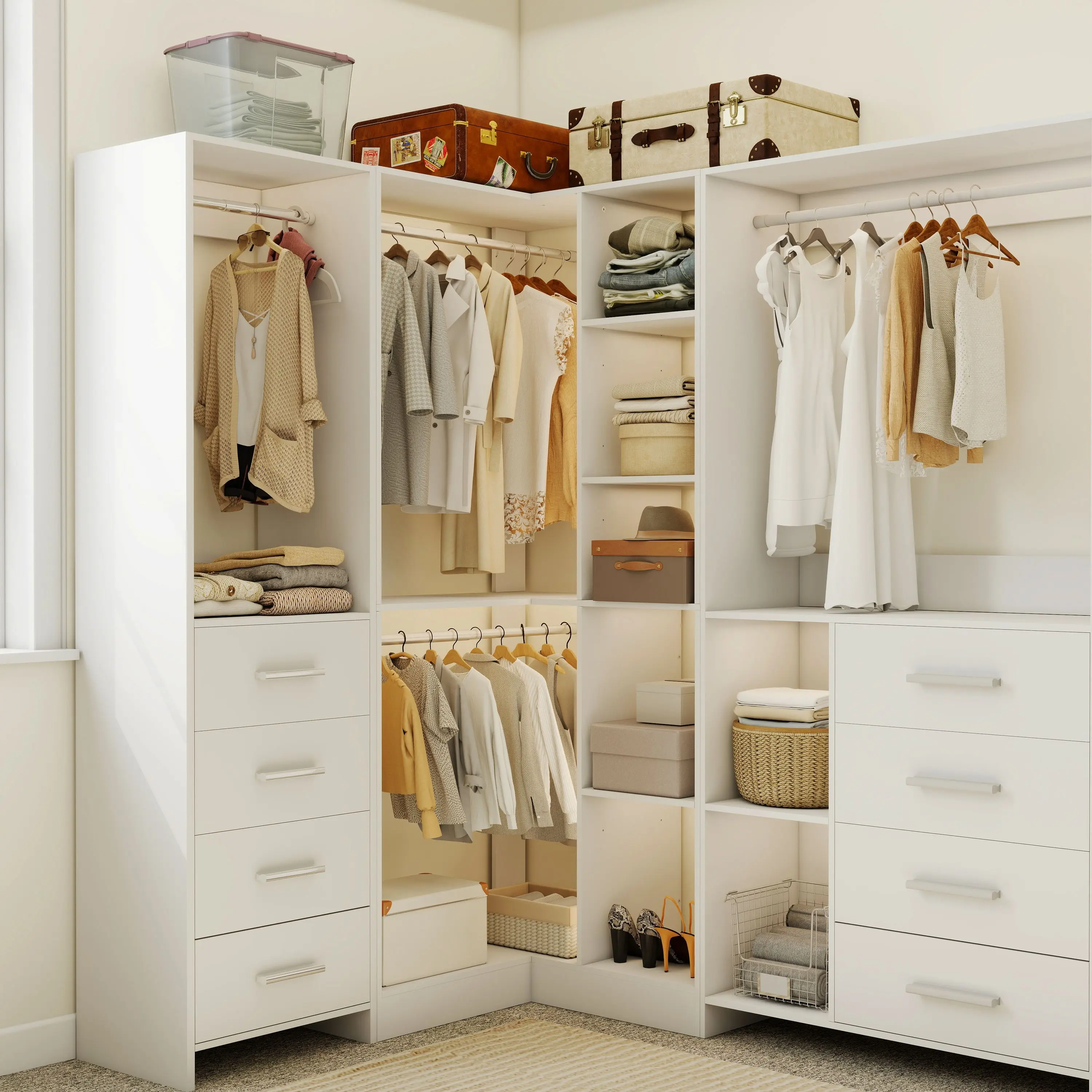L-Shaped Corner Closet System with Shelves, 80" Tall Open Wardrobe Closet Organizer with Hanging Rods, Space-Saving Corner Storage Closet for Bedroom, 36.6" x 36.6" Closet System
