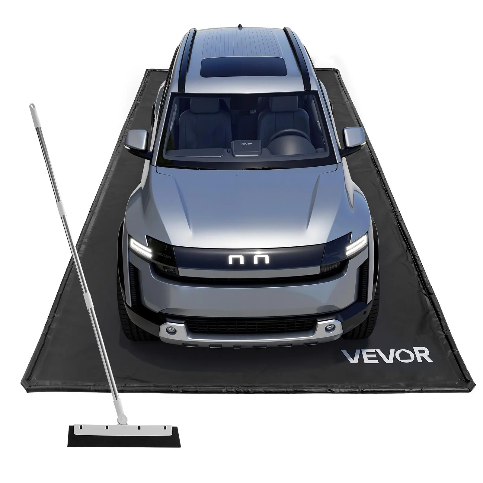 【Summerfinds】VEVOR Black PVC Containment Mat, 7ft9in x16ft Large Size Plastic Floor Cover, Non-Skid Floor Liner with Cleaning Squeegee, Heavy-Duty Waterproof for Car Snow Rain Protection on Smooth Surface