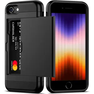 for  SE Case 2022/ SE 2020/7/8 Case with Card Holder Heavy Duty Protective Dual Layer Shockproof  Card Slot Slim Wallet Case for  SE 3rd/2nd/7/8-4.7''(Black)