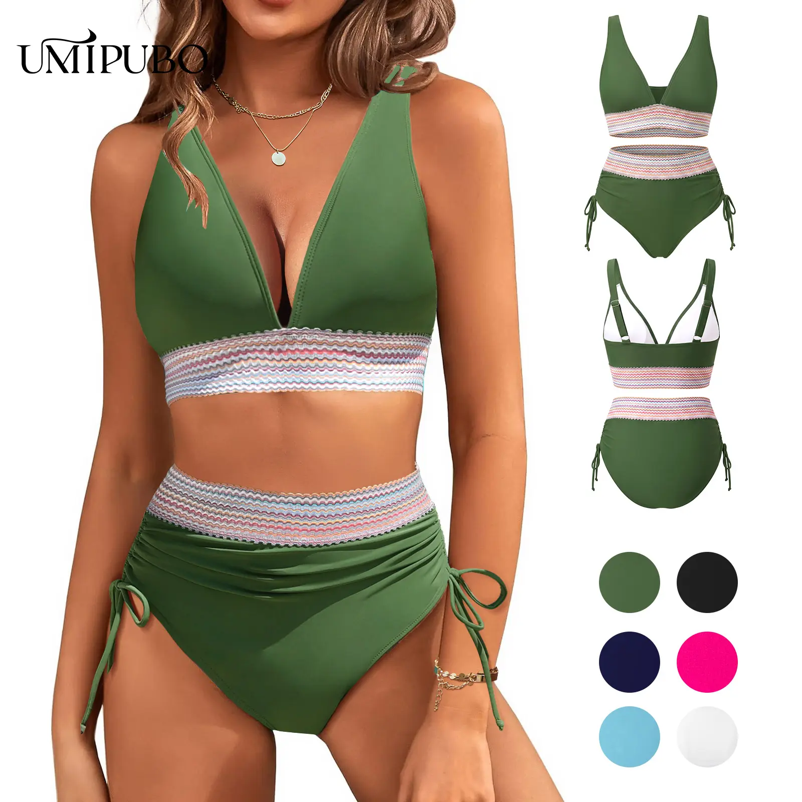 UMIPUBO Shop Women's Bikini Sets V Neck 2 Piece Swimsuits High Waisted Color Block Drawstring Bathing Suits Tummy Control Swimwear SwimWeek