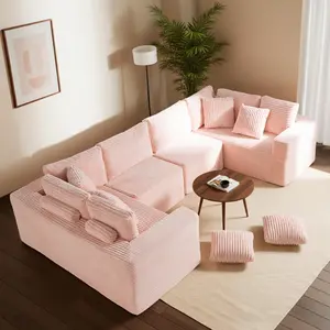 135.5" Pink 6-Seater Modular U-Shaped Modern Upholstered Sectional Sofa Couch, Reversible Striped Corduroy Chaise Lounge, Free Combination for Living Room - Indoor Furniture, Modern Upholstered Sofa