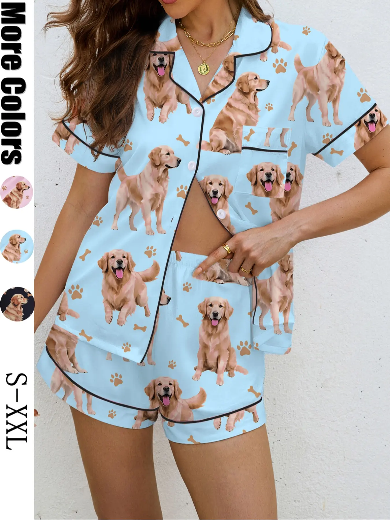 Cute Dog Print Women's Pajama Set, Pastel Cute Pajamas, Casual Vacation, Soft Shirt Collar Top & Elastic Shorts, Comfortable Home Wear, Loungewear