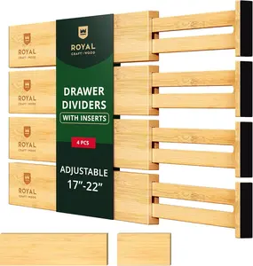 Royal Craft Wood Adjustable Bamboo Drawer Dividers Organizers with Inserts - Expandable Drawer Organization Separators for Kitchen Utensils, Clothes, 4-Pack (17-21.5")