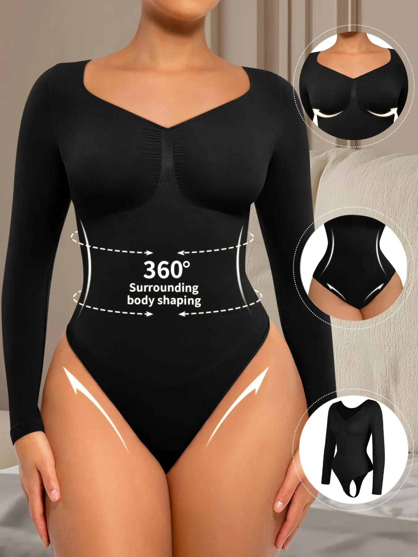 Women's Long Sleeve High Compression Elastic Tummy Tuck Shapewear Body Sculpting Compression Bodysuit, Minimalist Basic Tummy Control Seamless Bodysuits Thong V Neck Going Out Tops for Christmas Festival, Abdomen Control Bodysuit