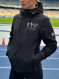 Women's Hooded Windbreaker Jacket Fitted Front Cross Heartbeat Love + Faith Hope Love Graphic Slogan Print Windproof Water-Resistant Breathable Ideal for Young Ladies Everyday Daily Commute Leisure Outings in Spring Autumn Winter