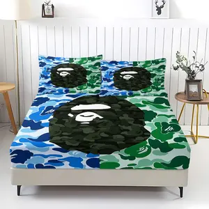3Pcs Stylish Ape Head Design Fitted Sheet Set, Unique Camouflage Pattern Bedding Set, Soft and Durable Bedspreads, Ideal for Modern Bedroom Aesthetics and Comfort, Includes 2 Pillowcases, No Pillow Core