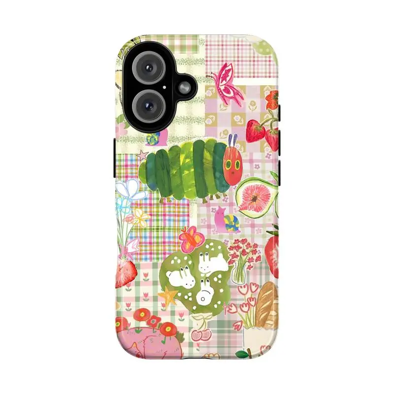 Cute Mixed Fruit Collage TPU Phone Case with Caterpillar, Flower+Bread Mix, Pastel Plaid, Strawberries, Whimsical Animals, Colorful Vintage Aesthetic - Multi-Model Protector for iPhone 7-17 Pro Max, 16 Plus, Samsung Galaxy S21-S24 - Cute Phone Accessories