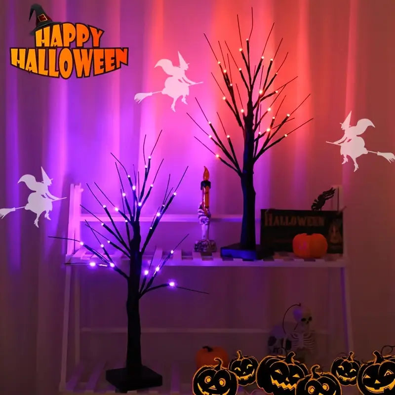 2 Pack Halloween Lighted Black Spooky Bare Tree with Orange LED Lights, Artificial Tabletop Decor Tree, USB & Battery Powered Halloween Decor Lights for Indoor Home, Mantel, Window, Party, Horror Pumpkin Skeleton Scene Atmosphere Ornament Lamp