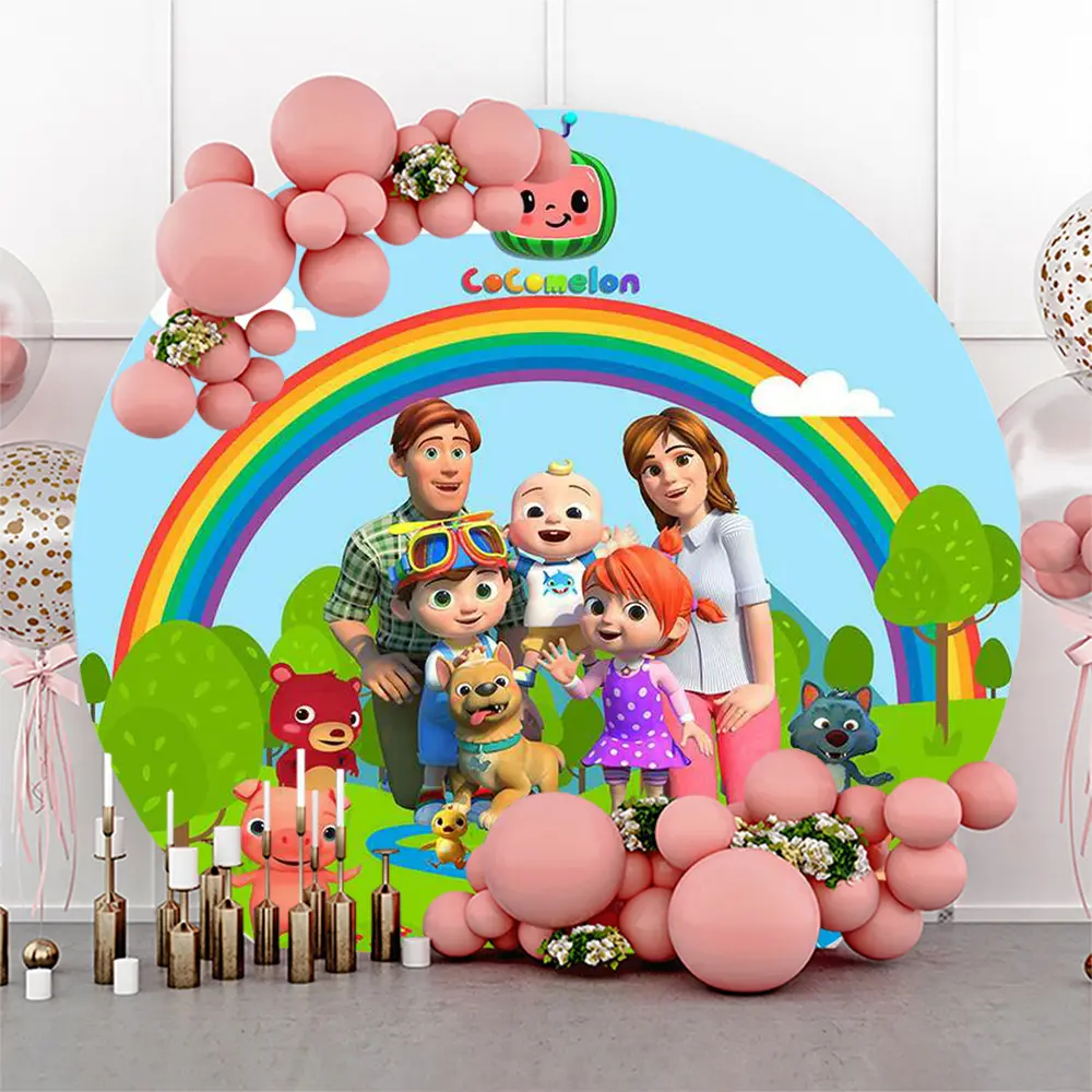 Hobaner 7.2FT Round Sweet Melon Cartoon Birthday Banner, Colorful Rainbow Kids Party Decorations Banners, Cute Backdrop for Boys, Happy Birthday