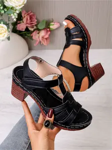 Women High Heel Sandals Solid Color Thick Heel Hook and Loop Strap Summer Shoes