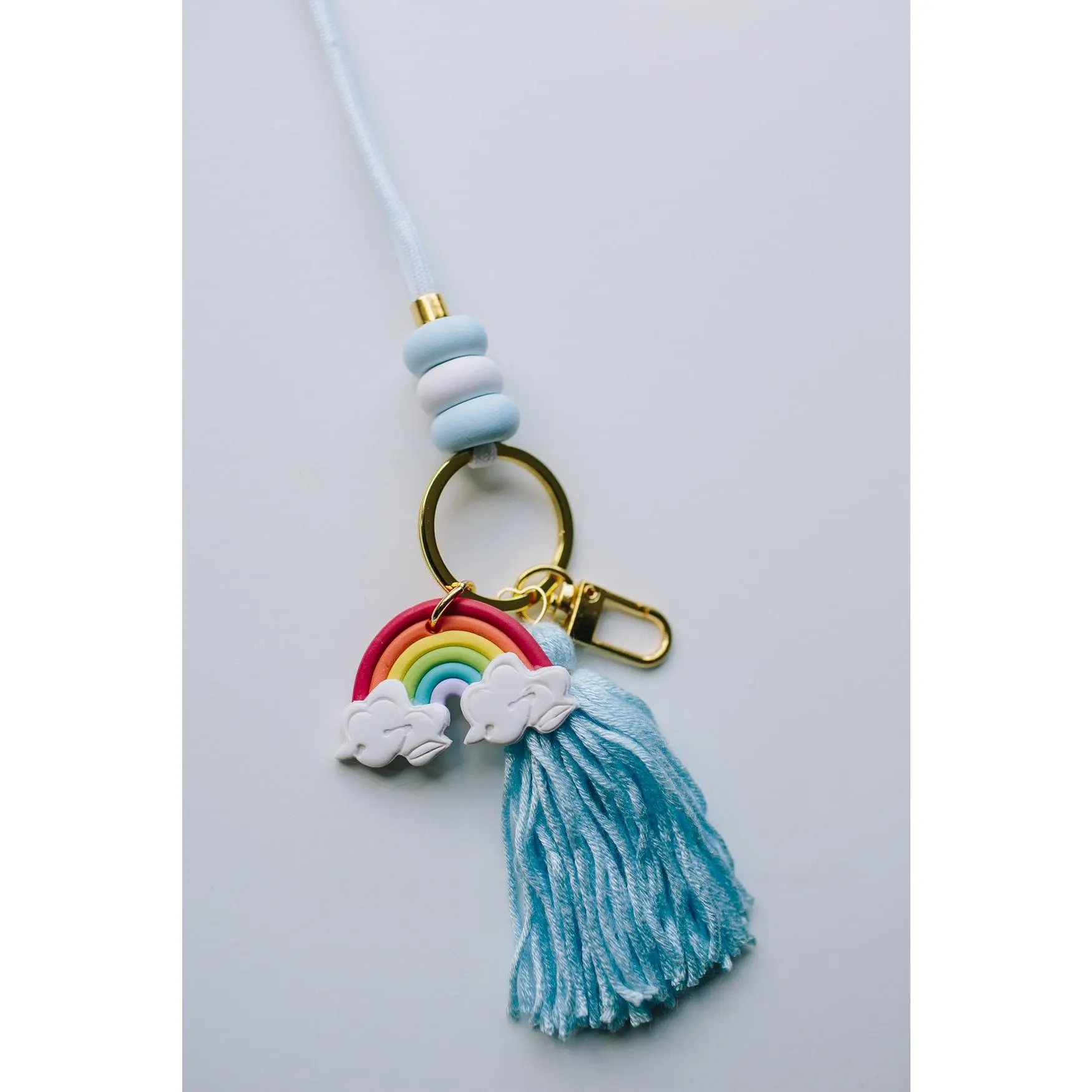 Retro Rainbow Lanyard | Rainbow Charm with Blue Tassel Lanyard | Teacher Accessories | Pops of Rainbow Rays | Schoolgirl Style