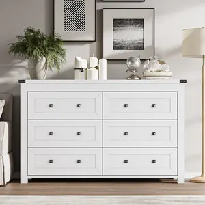 White Dresser 6 Drawer Dresser for Bedroom, Modern Wood Chest of Drawers with Metal Handles, TV Stand and Storage Cabinet for Living Room, Hallway, Nursery, Closet