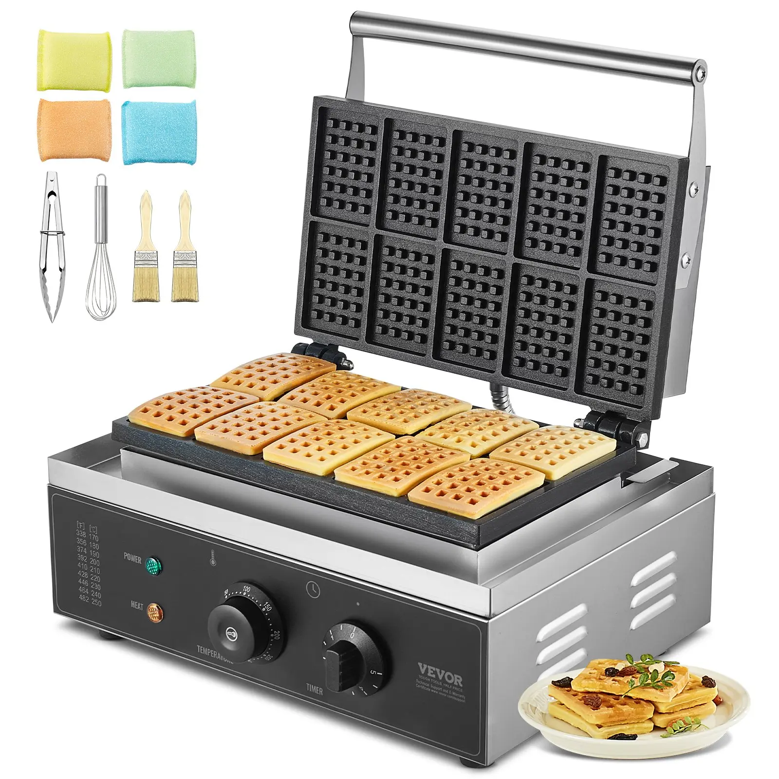 【DealsForYouDays】VEVOR Commercial Stainless Steel Waffle Baker Machine, 10 Rectangular Waffles Capacity, 1550W Power with Accessories for Upscale Restaurants & DIY Cooking