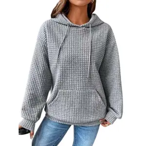 Womens Waffle Long Sleeve Hoodies Casual Drawstring Waffle Pullover Sweatshirt Loose Hooded Sweater Shirt Tops with Kangaroo Pocket Solid Color Drawstring Fall Jacket Jumper Comfy Girls Winter Coat Tunic Tops Outwear