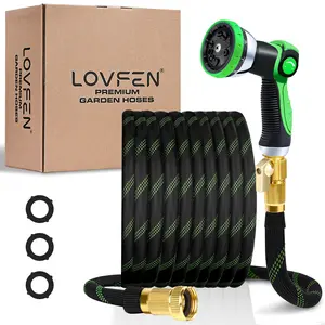 LOVFEN Garden Hose 100 Ft, Kink Free Flexible Water Hose With 10-Pattern Spray Nozzle, Lightweight Hose Pipe, Leak Proof, 3/4" Swivel Connectors, Super Fabric, Portable Storage Strap