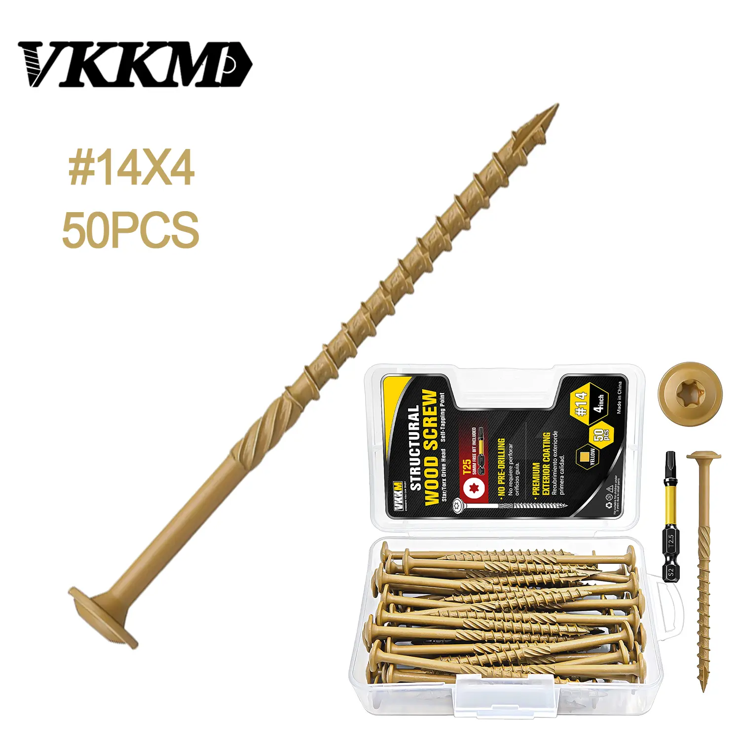 VKKM 50Pcs #14 x 4 Inch Bronze Torx Structural Wood Screws, High Hardness Exterior Self Tapping Construction Screws with Free T25 Bit for Wood Framing, Deck Building & Heavy-Duty Outdoor Wood Projects