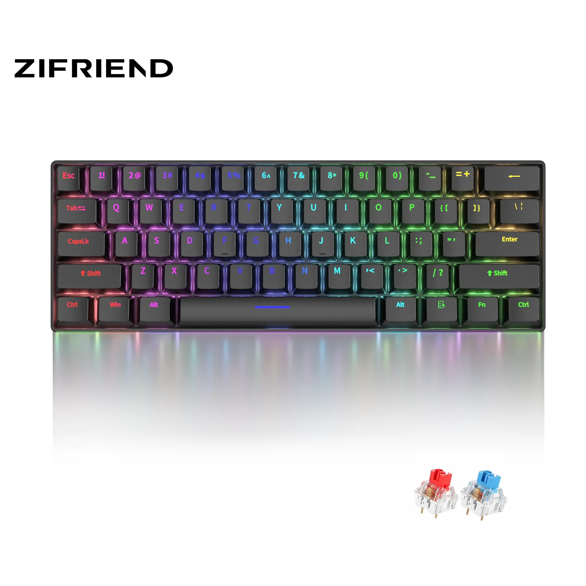 ZIFRIEND H61K Portable 60% Mechanical Gaming Keyboard with Mixed Lighting Compact 61 Keys Wired for Windows Laptop PC Mac Hot Swappable Blue Red Switch for Gamer Office  Christmas Gifts