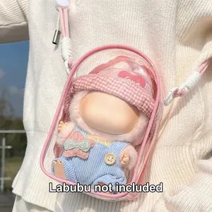 Transparent PVC Doll Storage Bag for V1/v2/v3 Labubu, Dustproof with Adjustable Strap, Keychain & Dual Zip Design, Multi-Scene Use