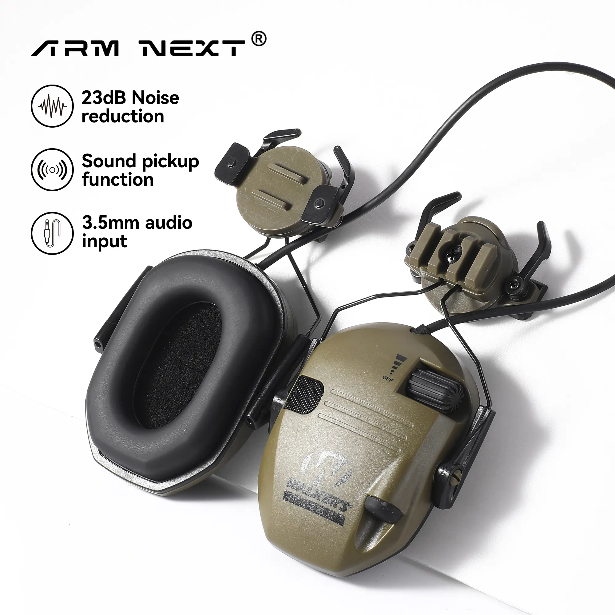 ARM NEXT Tactical Headset - Walker Razor Ultimate Helmet-Ready Fit Over-Ear Round Ear Cups, Tactical Gear and Accessories for Shooting Sports, 23dB Noise Reduction, 3.5mm AUX Port, Hearing Protection, AAA Power On-Go, Manufacturer Warranty