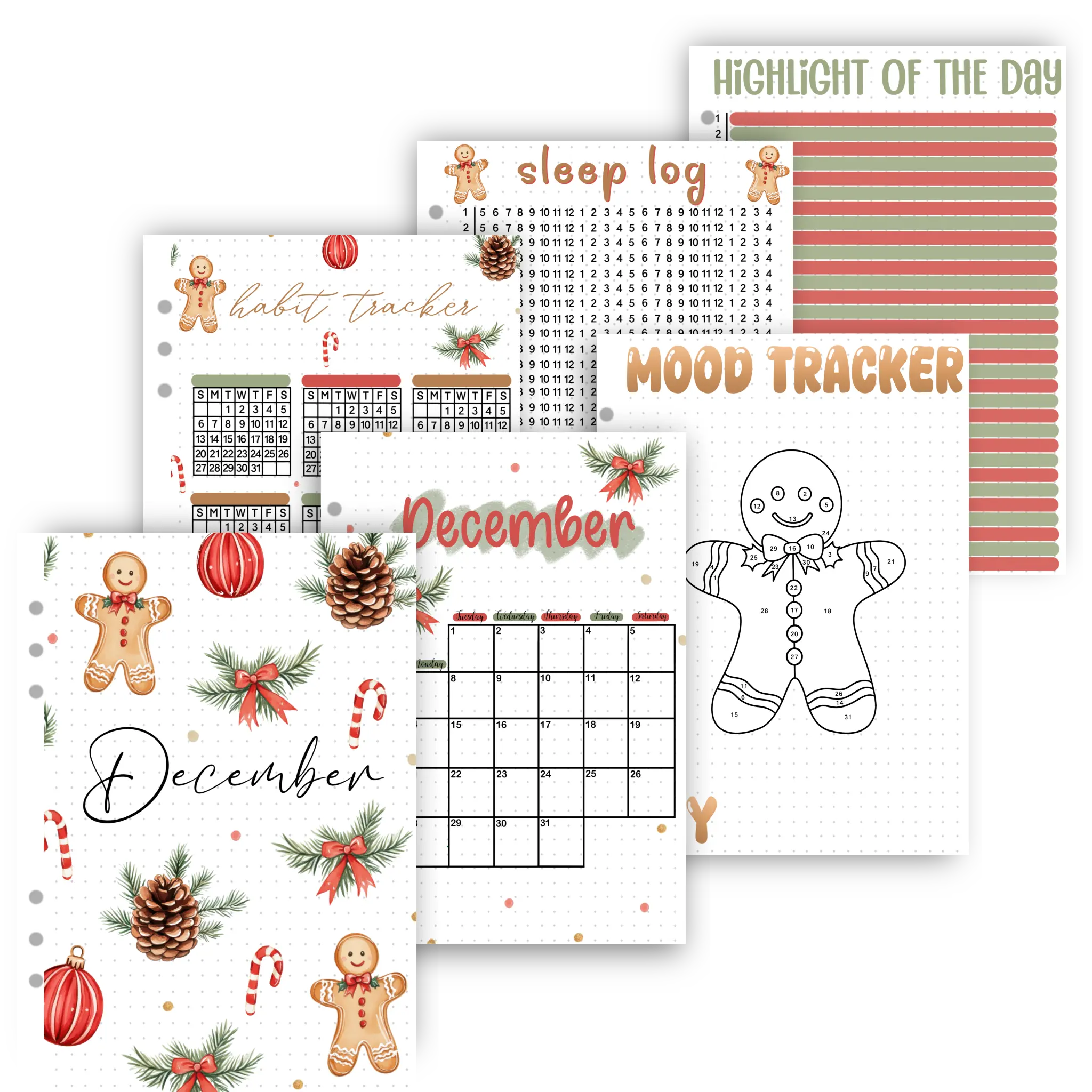 December 2026 Christmas Themed Monthly Planner Set with Calendar Mood & Habit Trackers Sleep Log & Highlight of the Day Pages
