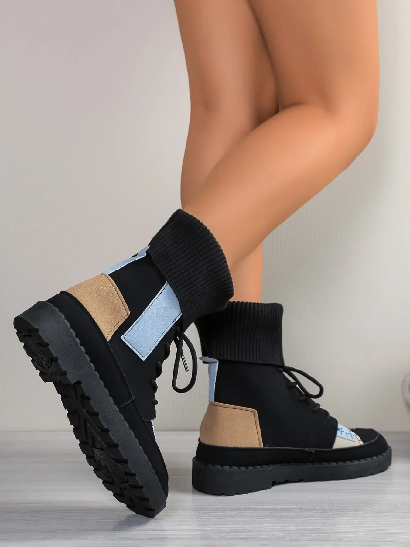 Vintage Comfortable Thick Heeled Rubber Boots, Patchwork Design, Ribbed Knit Ankle Closure, Windproof and Warm, Unique Style Footwear, Ankle Booties